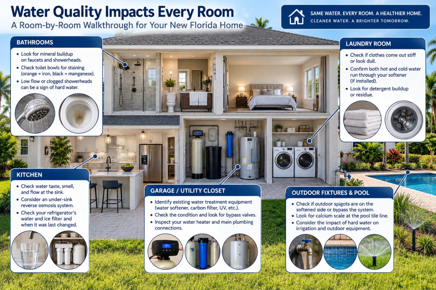 Walk through your new Florida home room by room to spot early water quality signs in the kitchen, bathrooms, laundry, and outdoors.