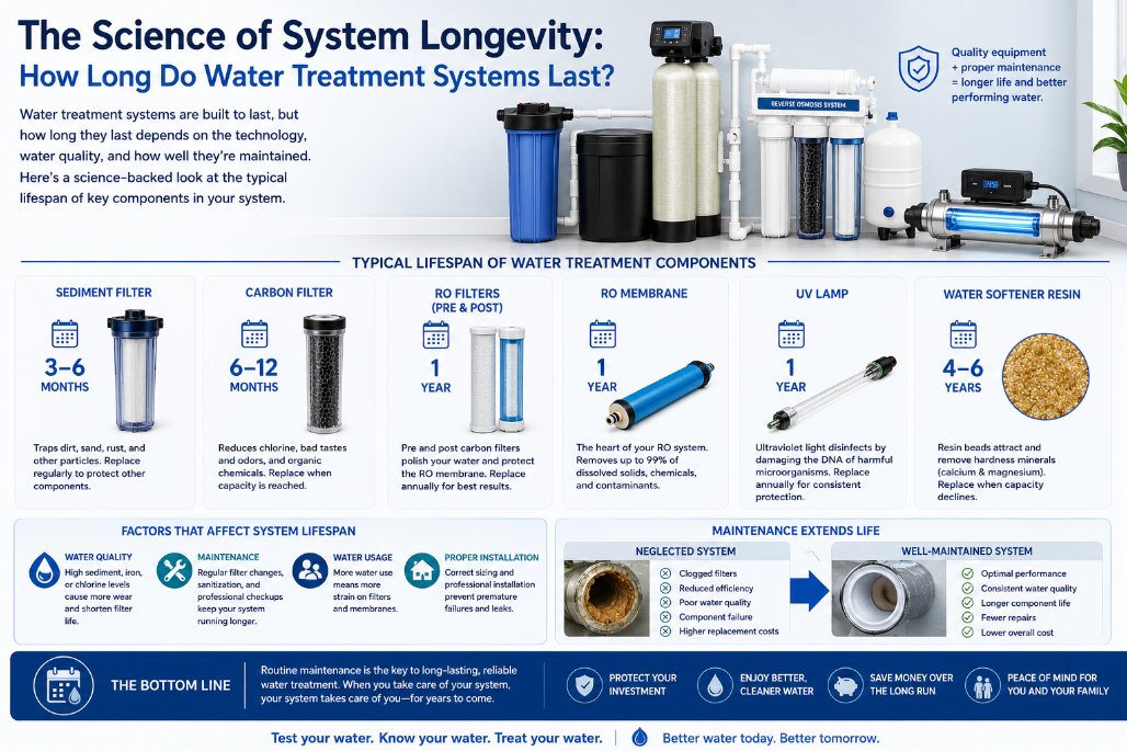 Water softeners last 15-20 years, RO membranes 2-5 years, UV lamps need annual replacement. Learn what drives water treatment system lifespan in Florida.