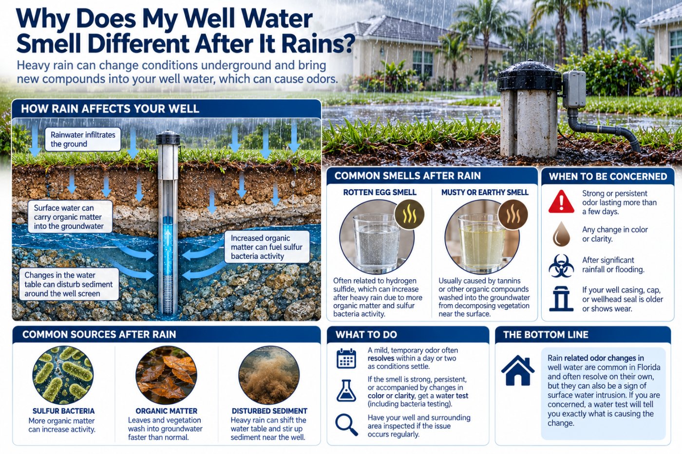 Learn why Florida well water sometimes smells different after heavy rain, what causes it, and when the change signals something to test for.