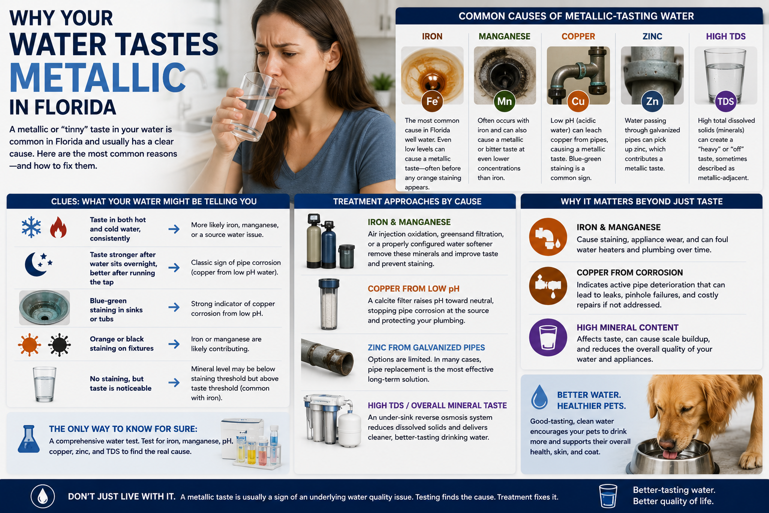 Metallic-tasting water in Florida usually points to iron, manganese, or corroded copper pipes. Learn how to identify the cause and fix it.