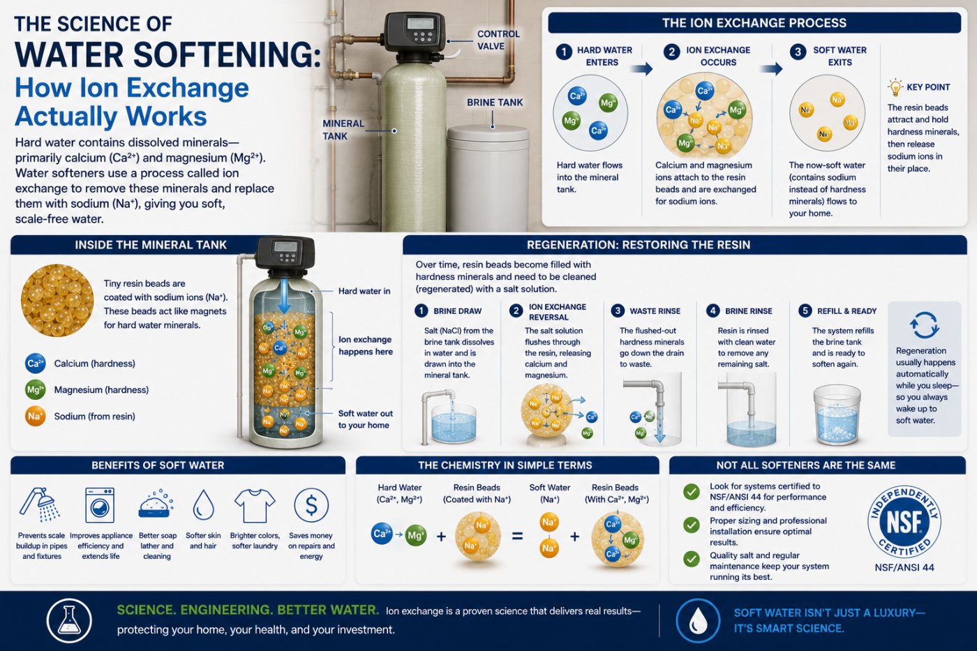 Ion exchange is how water softeners remove hardness &mdash; calcium trades places with sodium on resin beads. Learn the science behind water softening and why it needs salt.