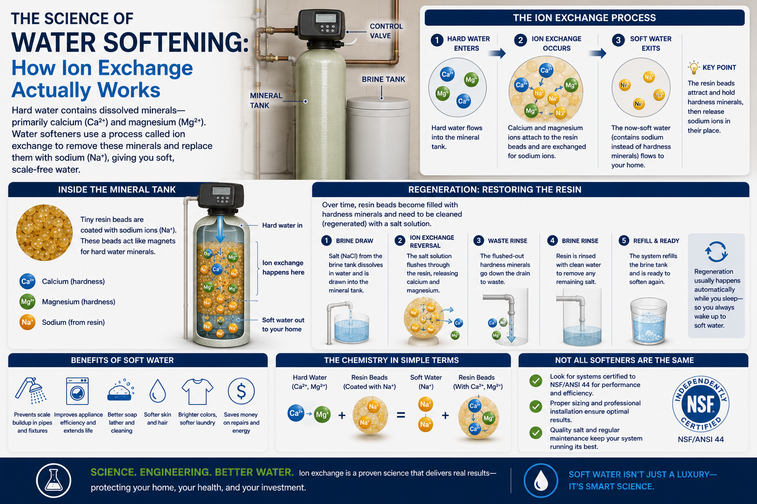 Ion exchange is how water softeners remove hardness &mdash; calcium trades places with sodium on resin beads. Learn the science behind water softening and why it needs salt.