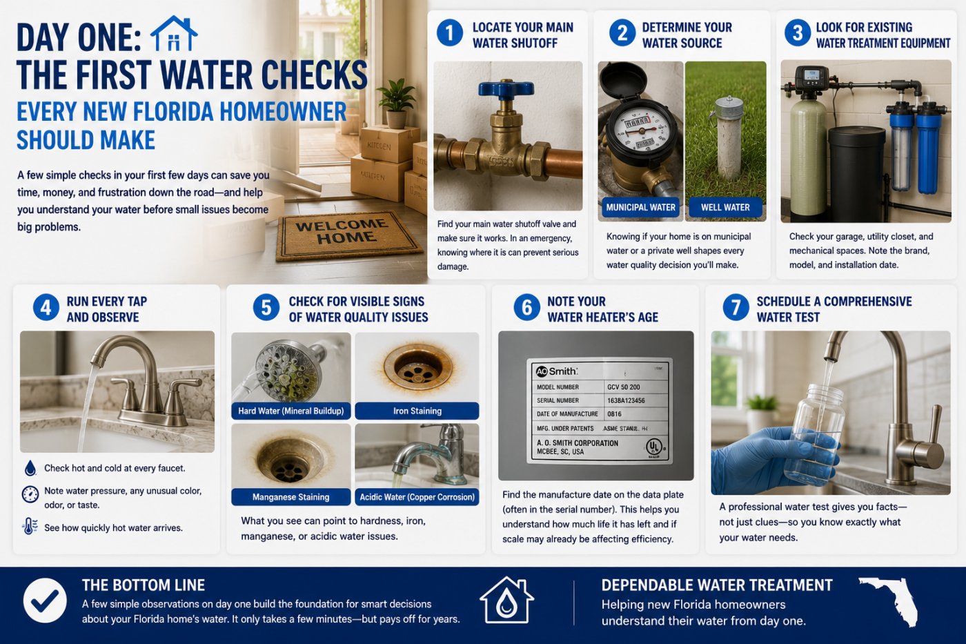 New to your Florida home? Learn the simple water checks to make in your first few days &mdash; from shutoff valves to existing treatment equipment