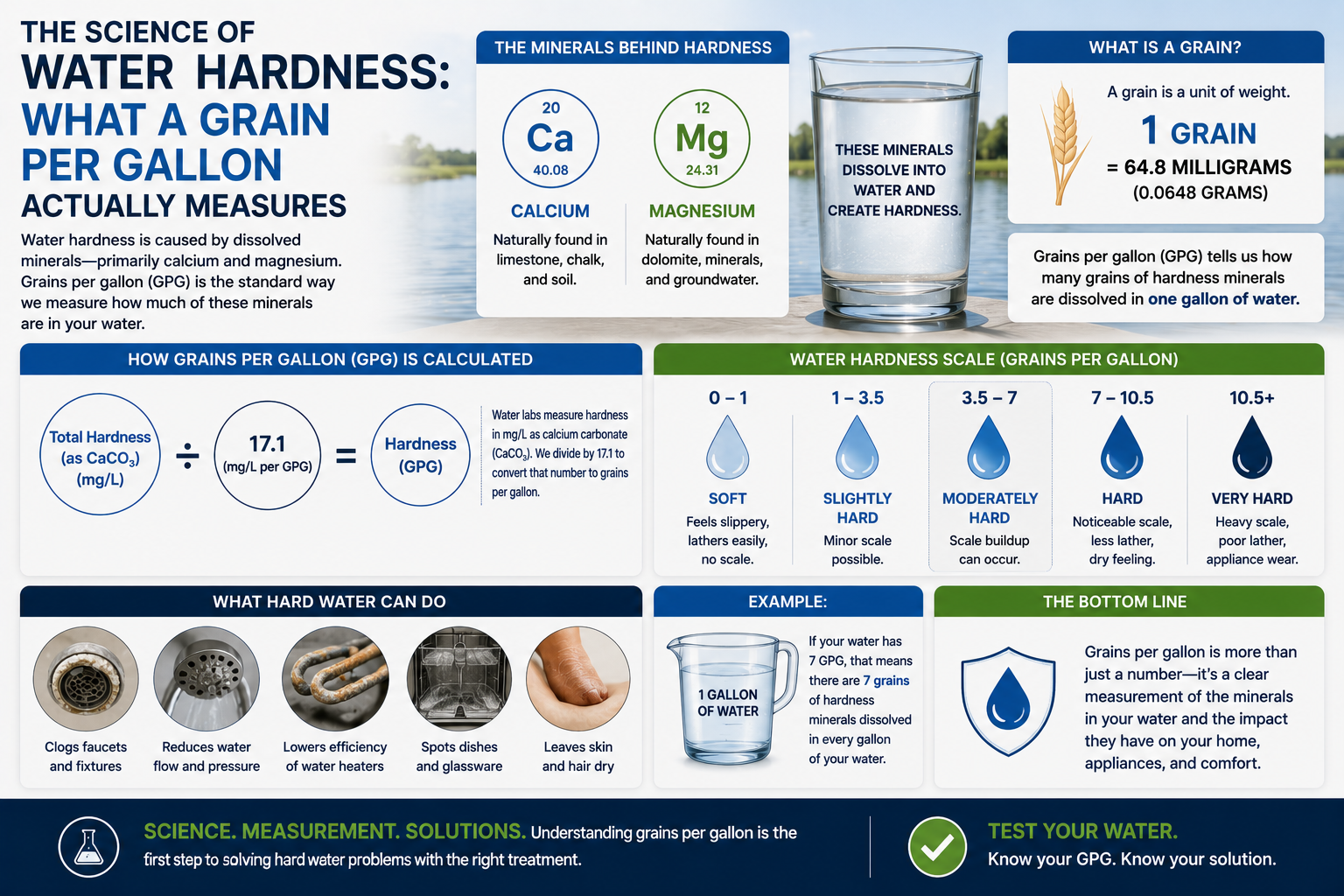  Grains per gallon measures how much calcium and magnesium is in your water. Learn what your GPG number means and why it matters for Florida water treatment.