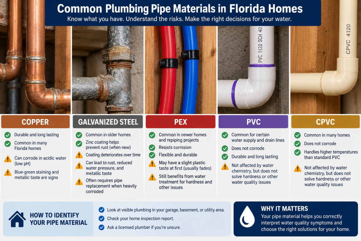 Learn what copper, galvanized steel, PEX, and PVC pipes reveal about water quality risks in your new Florida home.