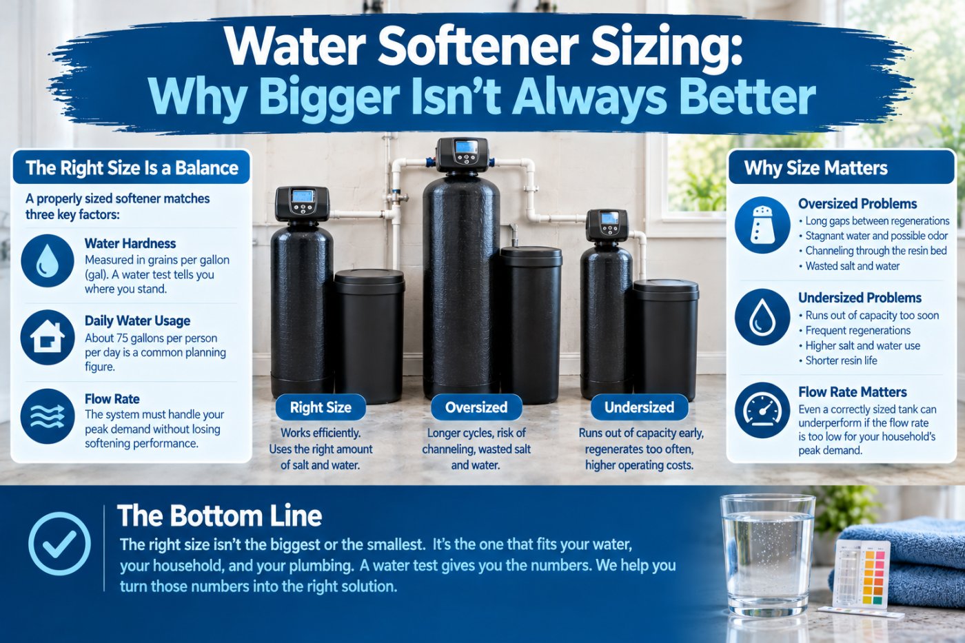 Is your water softener the right size? Learn how hardness, water use and flow rate decide capacity, and why bigger isn&rsquo;t always better in Florida.