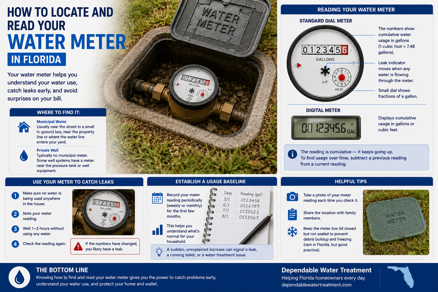 Learn how to find and read your Florida water meter, catch leaks early, and establish a usage baseline as a new homeowner.