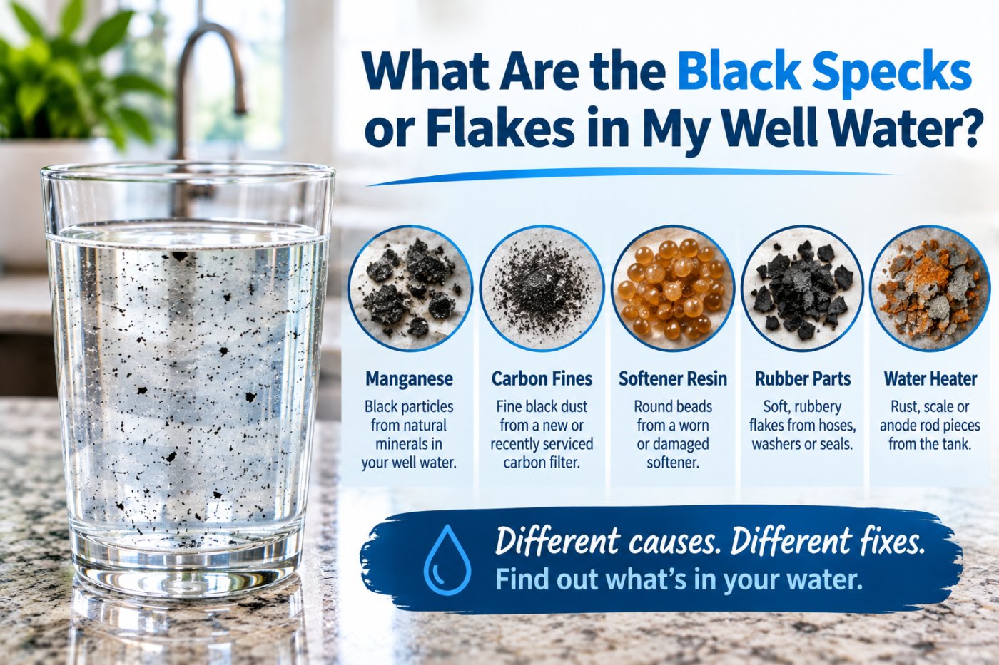 Black specks in your water can come from manganese, carbon fines, softener resin, rubber parts, or your water heater. Learn how to find the source.