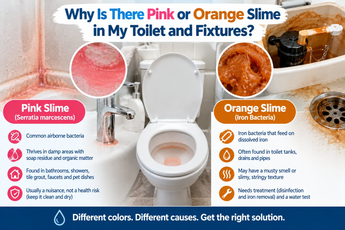 Pink slime is a damp-bathroom bacteria, while orange slime can mean iron bacteria in well water. Learn how to tell them apart and what fixes each