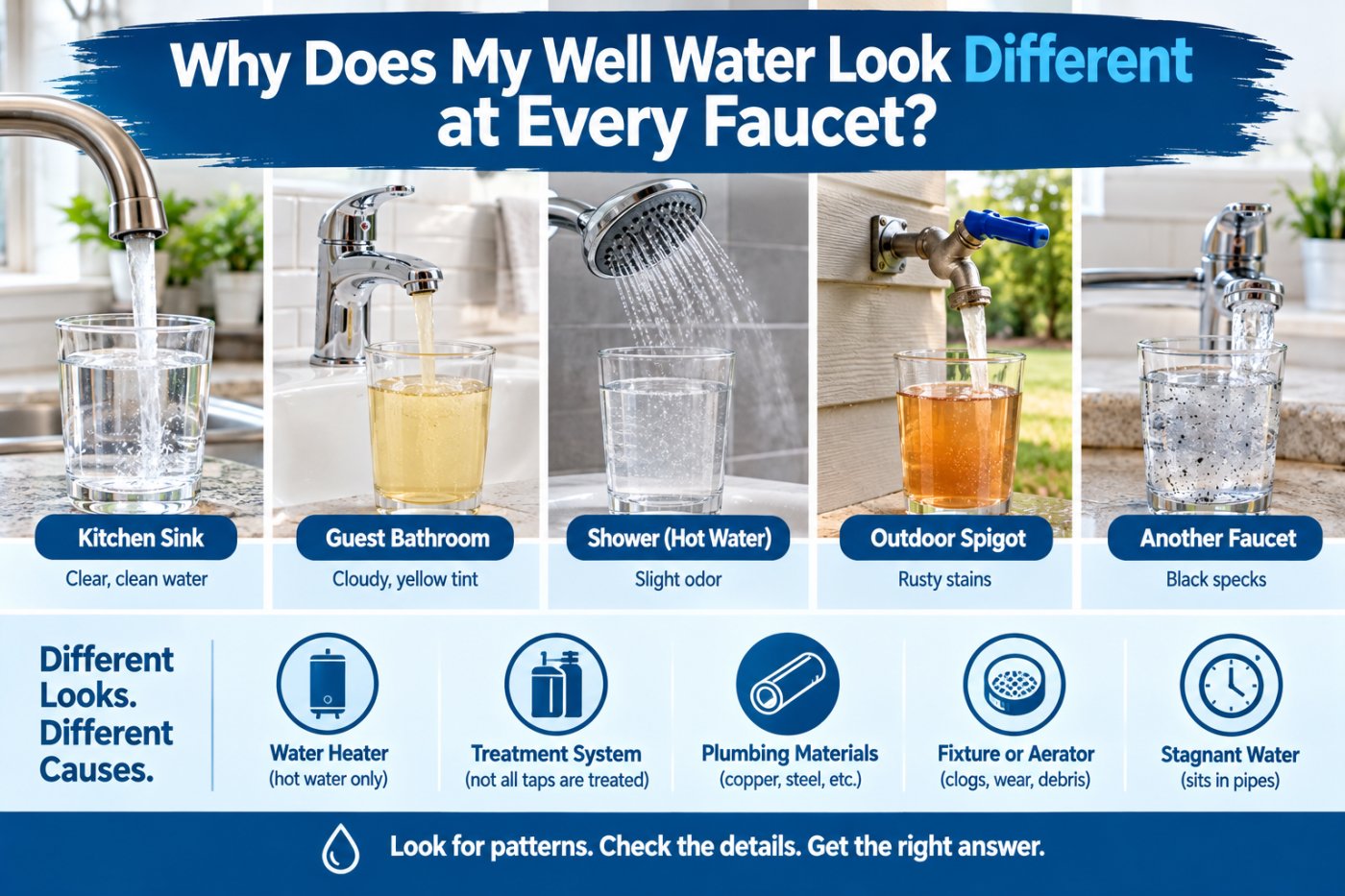 Water that looks different at each faucet is a clue. Compare hot and cold, treated and untreated lines, and fixtures to find the real cause.