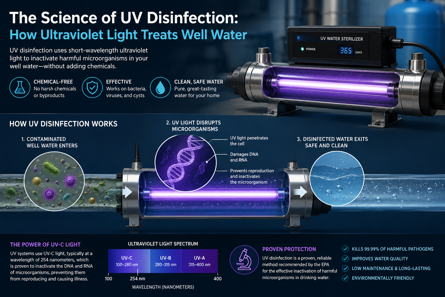 UV disinfection uses ultraviolet light to neutralize bacteria, viruses, and protozoa in well water &mdash; chemical free. Learn how it works and where it fits in Florida.