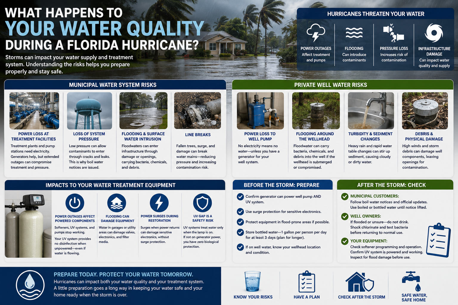 Hurricanes threaten water quality through pressure loss, flooding, and power outages. Learn what Florida homeowners should check before and after a storm.