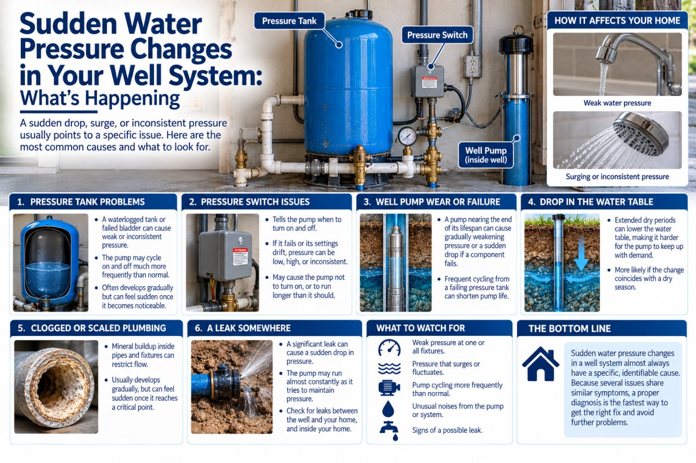 Learn what causes sudden well water pressure changes in Florida, from waterlogged tanks to pump failure, and how to tell them apart.