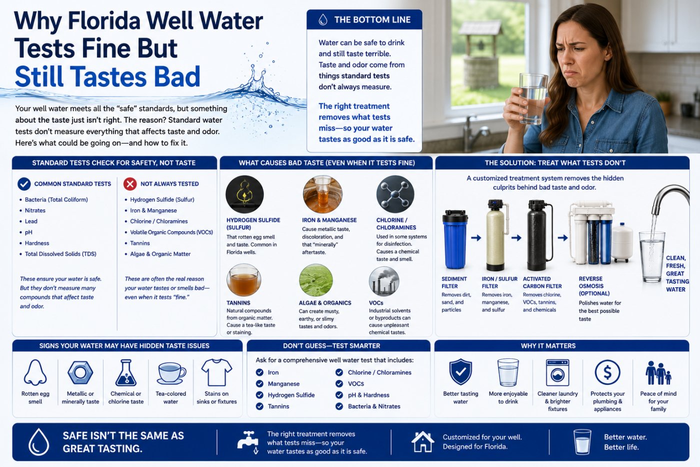 A basic well water safety test doesn't measure taste or odor compounds. Learn why Florida well water can pass testing and still taste bad &mdash; and what fixes it.