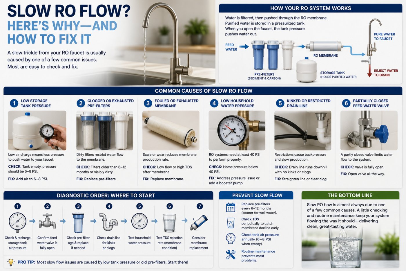 Slow RO flow is usually caused by low tank pressure, old pre-filters, or a fouled membrane. Learn how to diagnose and fix a slow-filling RO system.